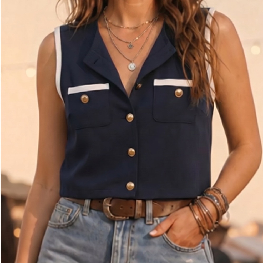 Rachel Zoe Navy Blue White Trim Cropped Button Front Vest Top XL Nautical Chic
